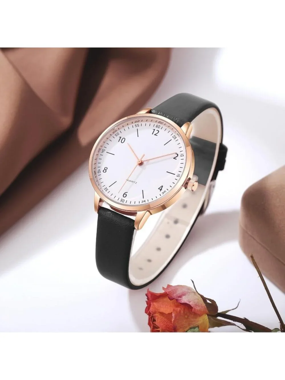 Women's Black Analog Case Quartz Fashion Leather Mesh Strap Round Wrist Watch